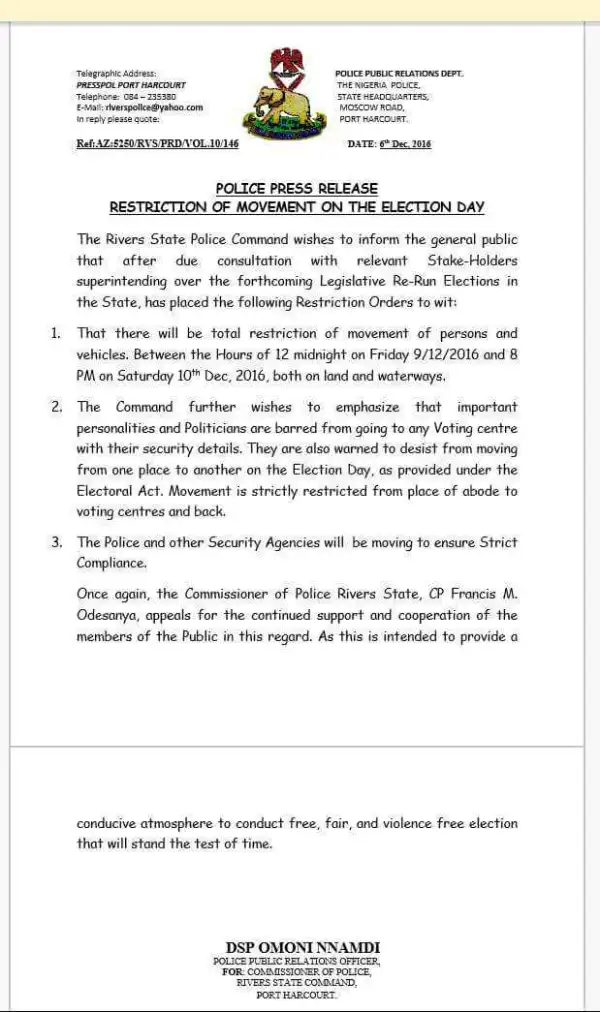 Rivers Rerun: Police Orders Total Restriction Of Movement Of Persons & Vehicles